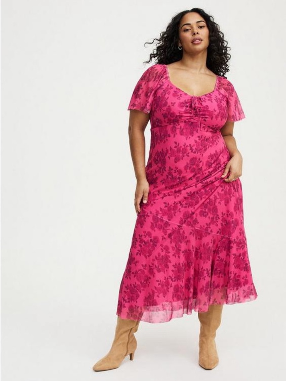 Torrid Pink Floral Mesh Ruched Midi Dress Plus Size 1 Romantic Coquette